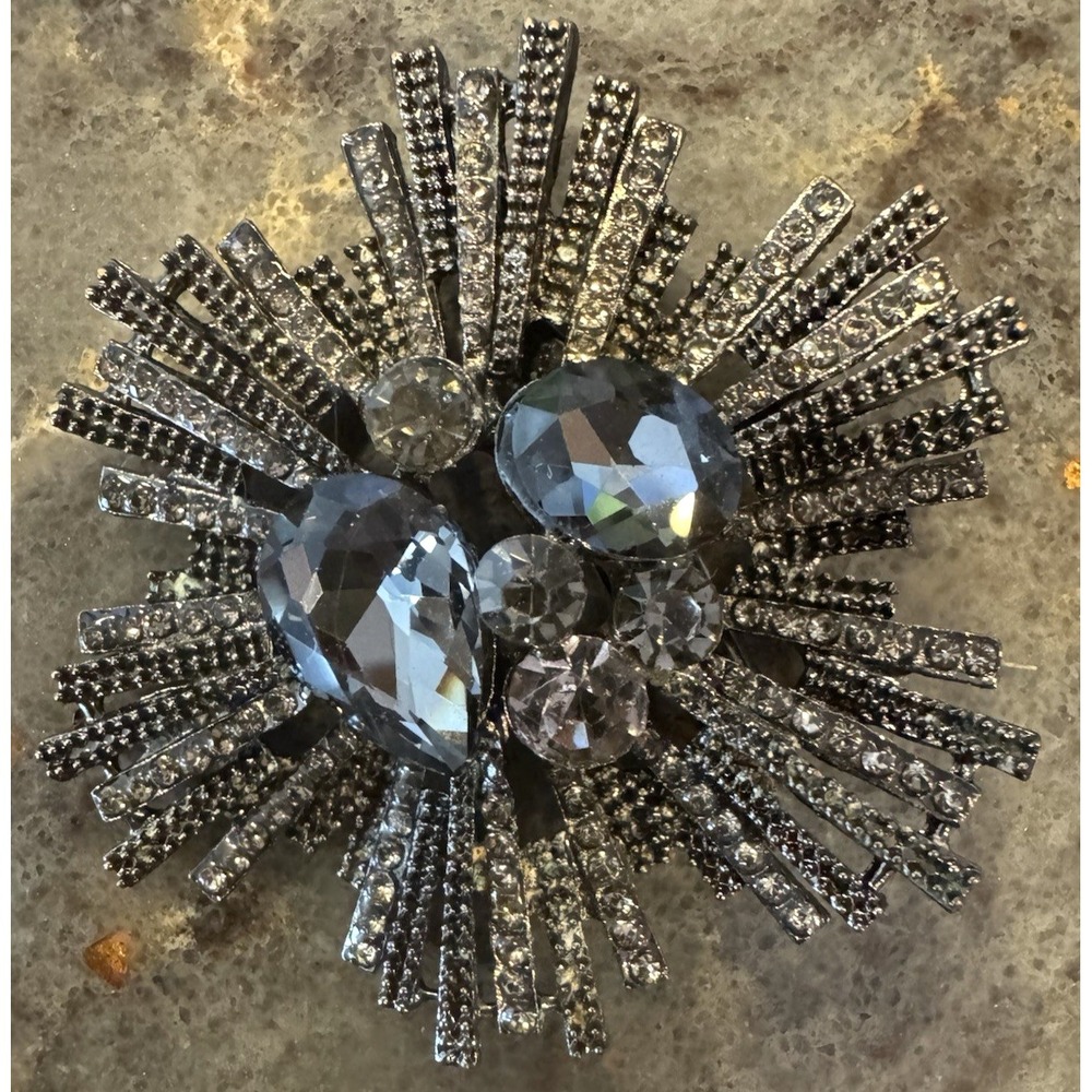 Vintage Black Rhinestone Starburst Brooch Gunmetal Tone Statement Pin Hollywood